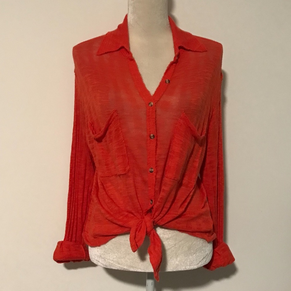 Free People Sheer Coral Button Down Shirt